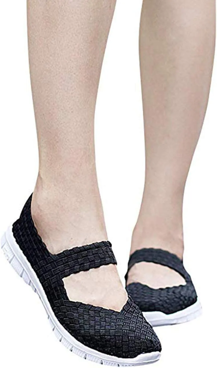 Women Elastic Woven Walking Shoes Flats Sandals,Comfy Casual Non Slip Lightweight Breathable Mary Jane Sneakers Nurse Shoes