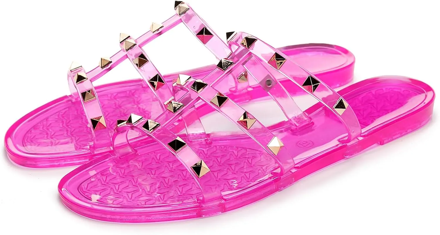 Women Flats Sandals, Studded Jelly Shoes Size 9 Red Dressy Summer Beach Rivets Strappy Jellies Slide Slip On Open Toes