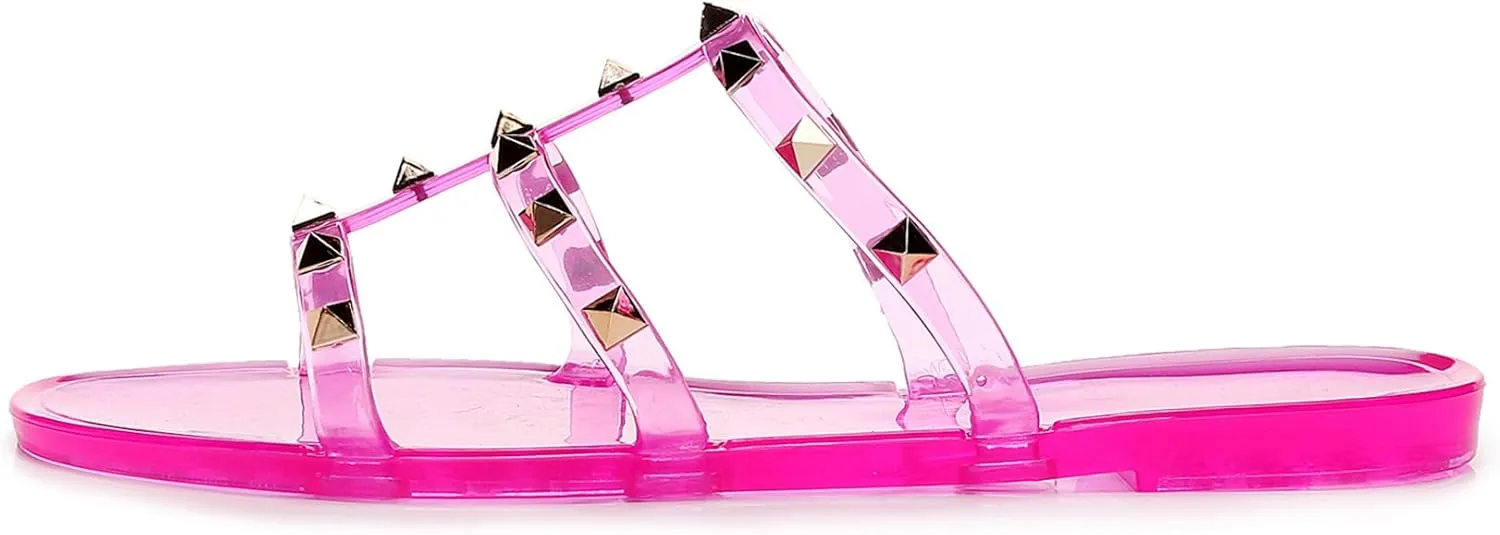 Women Flats Sandals, Studded Jelly Shoes Size 9 Red Dressy Summer Beach Rivets Strappy Jellies Slide Slip On Open Toes
