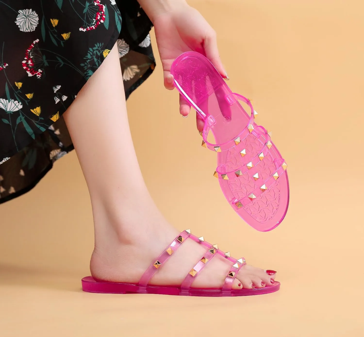 Women Flats Sandals, Studded Jelly Shoes Size 9 Red Dressy Summer Beach Rivets Strappy Jellies Slide Slip On Open Toes