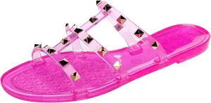 Women Flats Sandals, Studded Jelly Shoes Size 9 Red Dressy Summer Beach Rivets Strappy Jellies Slide Slip On Open Toes