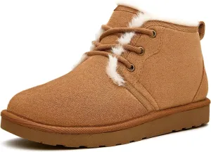Women Fur Lined Ankle Boots Genuine Suede Faux Cozy Winter Lace Up Warm Short Booties