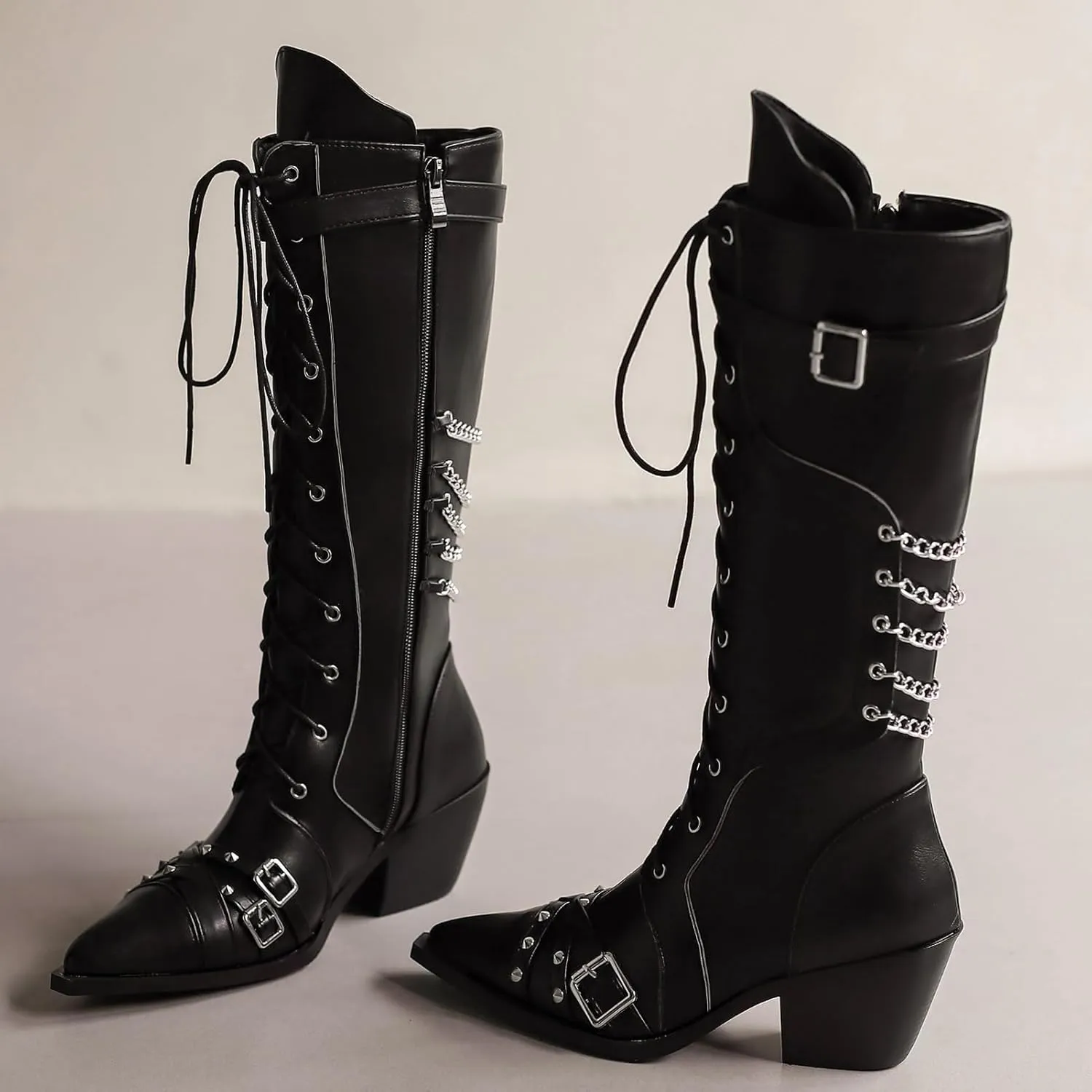 Women Goth Cowboy boots Gothic Steam Punk Boots Knee High Buckles Rrivets Witch Boots Pirate Vintage Block Rave Western Boots