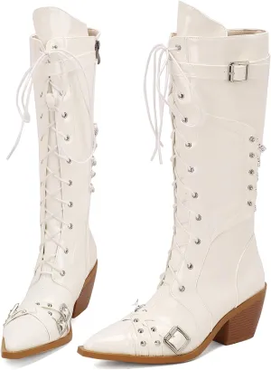 Women Goth Cowboy boots Gothic Steam Punk Boots Knee High Buckles Rrivets Witch Boots Pirate Vintage Block Rave Western Boots
