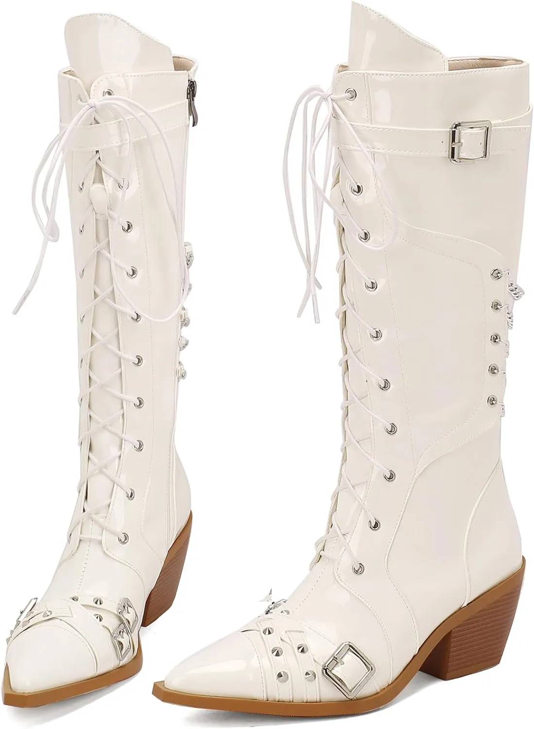Women Goth Cowboy boots Gothic Steam Punk Boots Knee High Buckles Rrivets Witch Boots Pirate Vintage Block Rave Western Boots