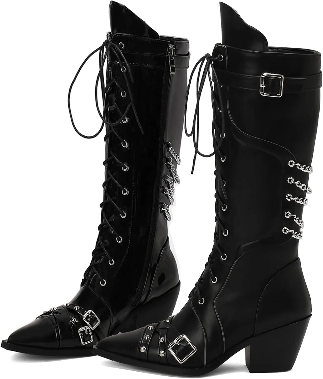 Women Goth Cowboy boots Gothic Steam Punk Boots Knee High Buckles Rrivets Witch Boots Pirate Vintage Block Rave Western Boots