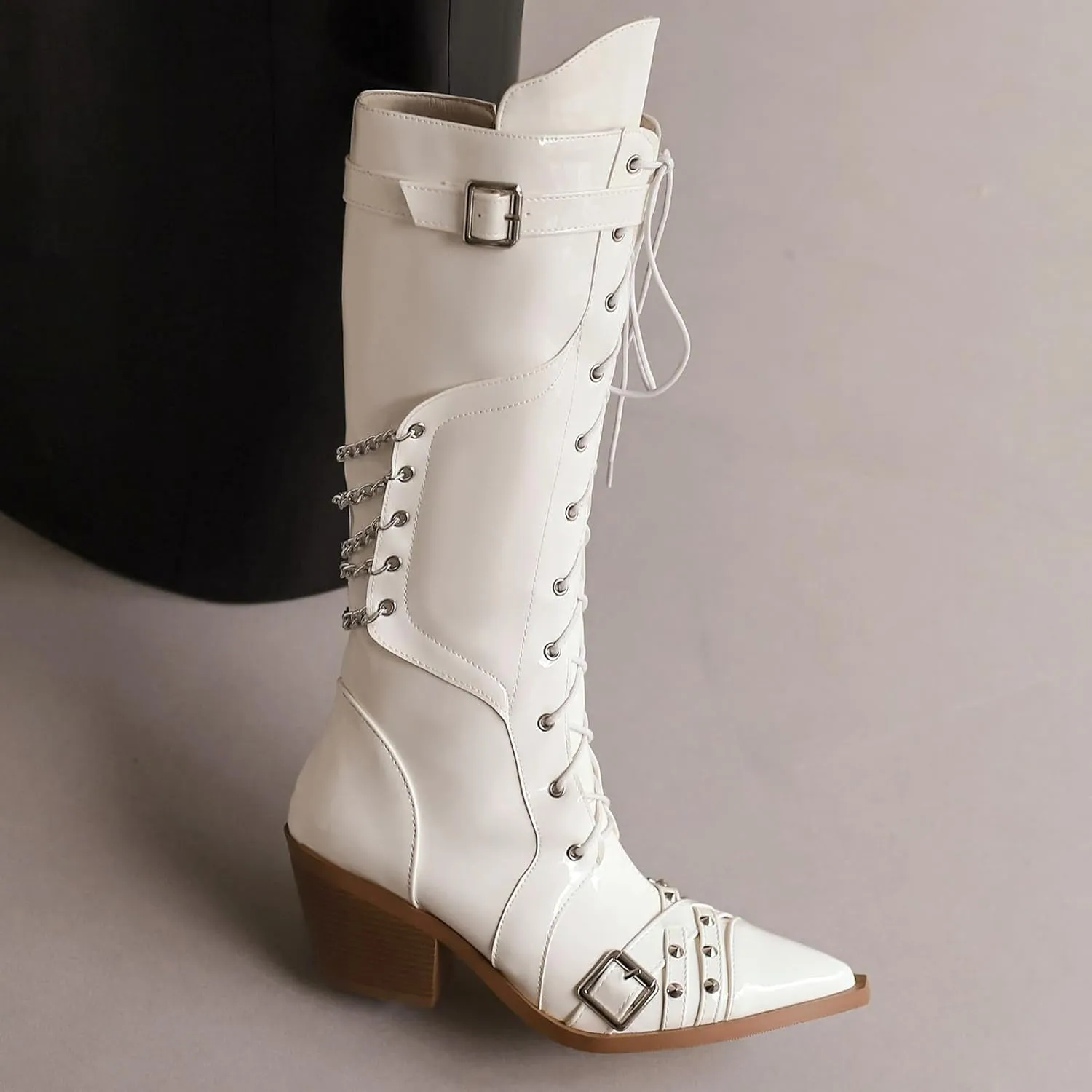 Women Goth Cowboy boots Gothic Steam Punk Boots Knee High Buckles Rrivets Witch Boots Pirate Vintage Block Rave Western Boots