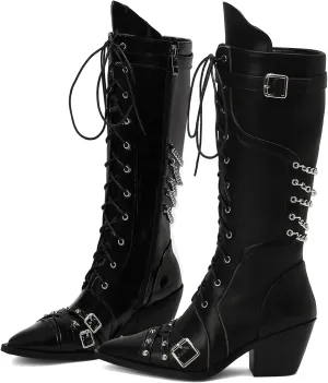 Women Goth Cowboy boots Gothic Steam Punk Boots Knee High Buckles Rrivets Witch Boots Pirate Vintage Block Rave Western Boots