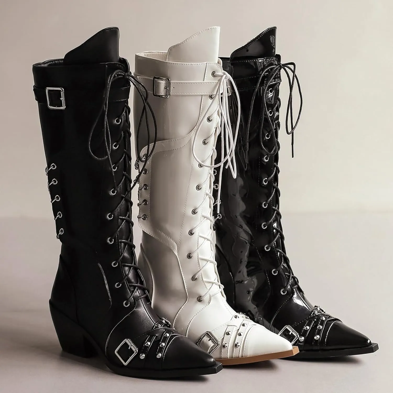 Women Goth Cowboy boots Gothic Steam Punk Boots Knee High Buckles Rrivets Witch Boots Pirate Vintage Block Rave Western Boots