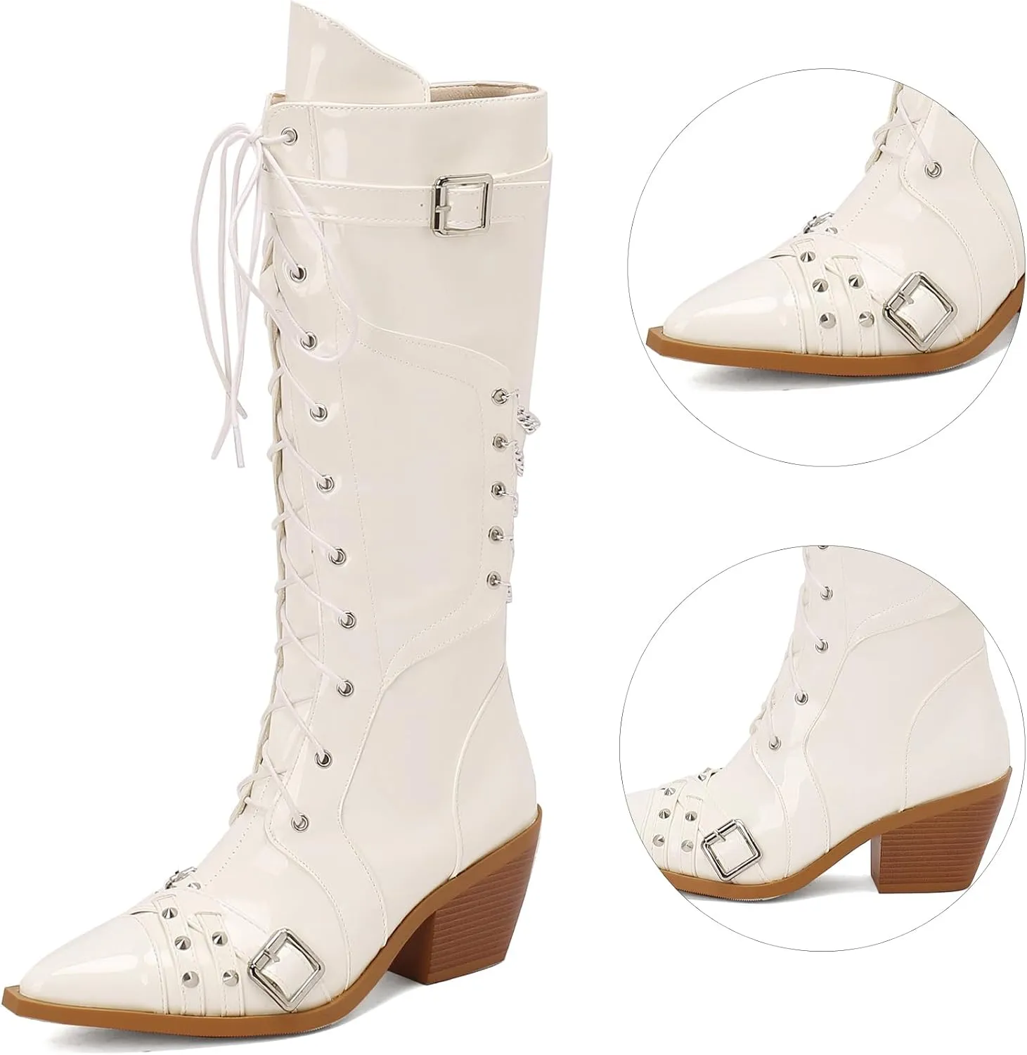 Women Goth Cowboy boots Gothic Steam Punk Boots Knee High Buckles Rrivets Witch Boots Pirate Vintage Block Rave Western Boots