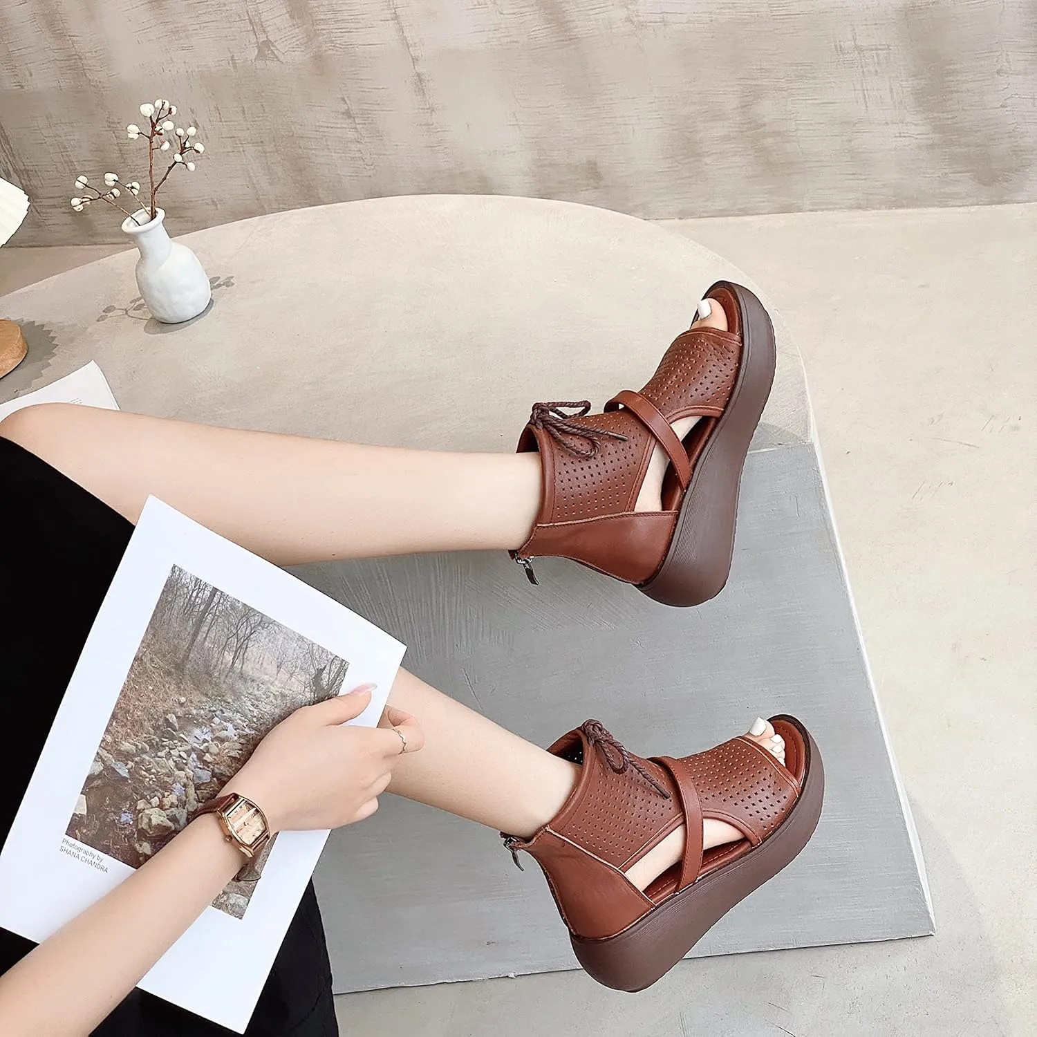 Women High Top Boot Sandals Open Toe Cutout Leather Sandals for Women