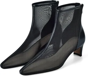 Women Mesh Booties Kitten Heel Ankle Boots Sexy Pointy Toe Fashion Dress Short Boots with Zips