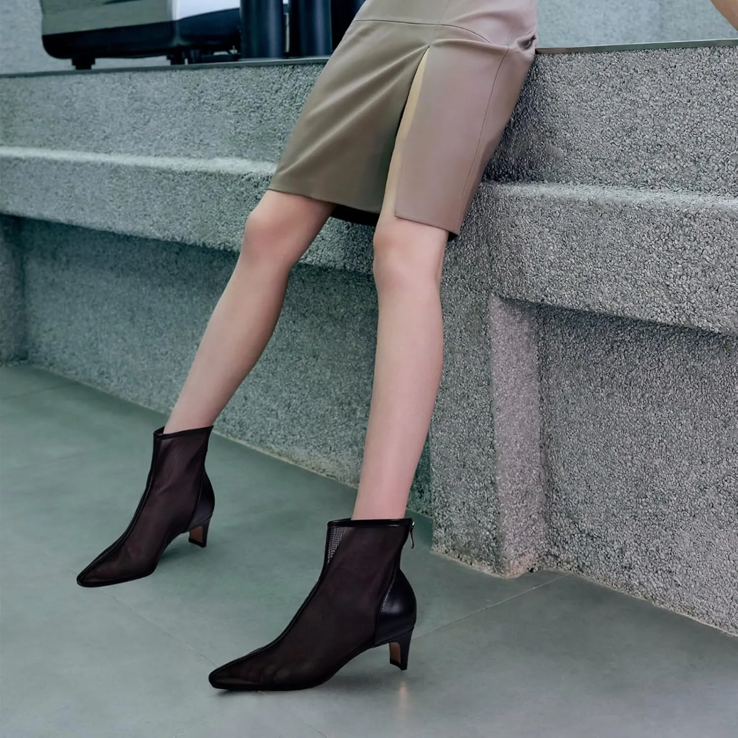 Women Mesh Booties Kitten Heel Ankle Boots Sexy Pointy Toe Fashion Dress Short Boots with Zips
