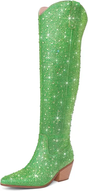 Women Rhinestone Over the Knee Cowboy Boots, Sparkly Bling Cowgirl Boots Western Thigh High Boots Pull-On Side Zippers Chunky Heel Pointed Toe Size5-12 For Fashion&Daily