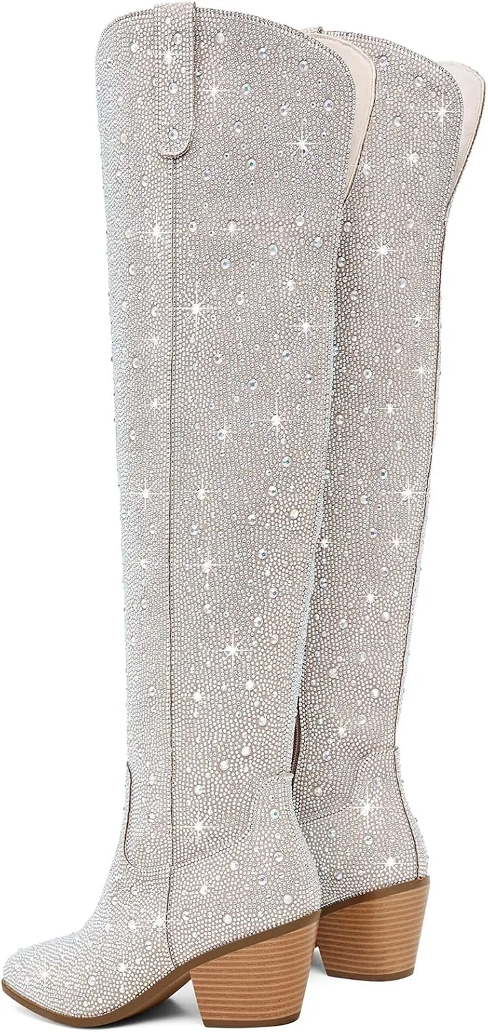 Women Rhinestone Over the Knee Cowboy Boots, Sparkly Bling Cowgirl Boots Western Thigh High Boots Pull-On Side Zippers Chunky Heel Pointed Toe Size5-12 For Fashion&Daily