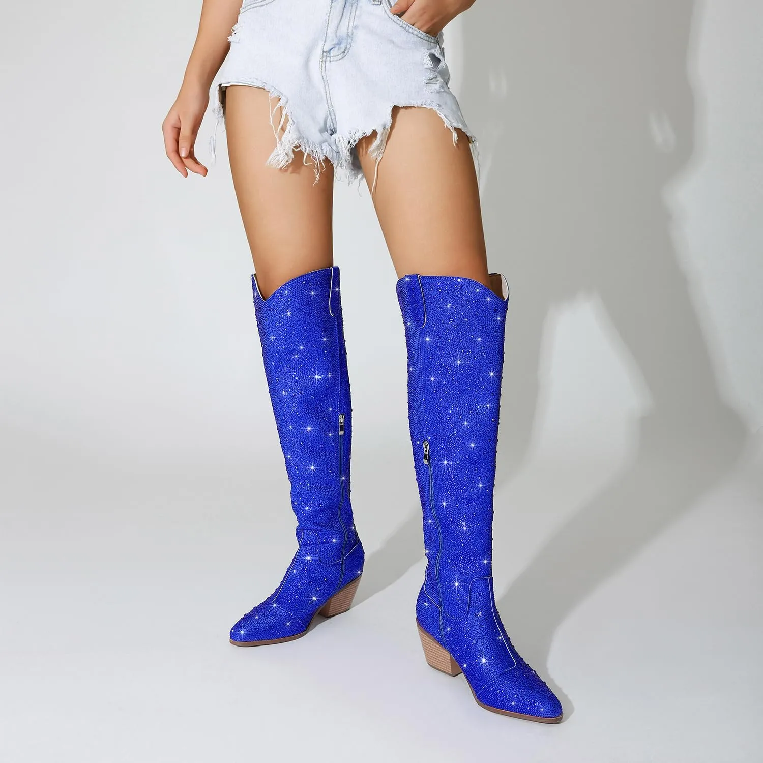 Women Rhinestone Over the Knee Cowboy Boots, Sparkly Bling Cowgirl Boots Western Thigh High Boots Pull-On Side Zippers Chunky Heel Pointed Toe Size5-12 For Fashion&Daily