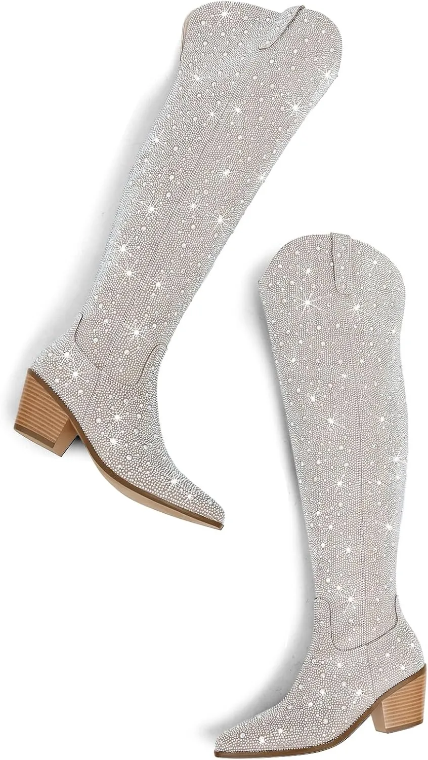 Women Rhinestone Over the Knee Cowboy Boots, Sparkly Bling Cowgirl Boots Western Thigh High Boots Pull-On Side Zippers Chunky Heel Pointed Toe Size5-12 For Fashion&Daily