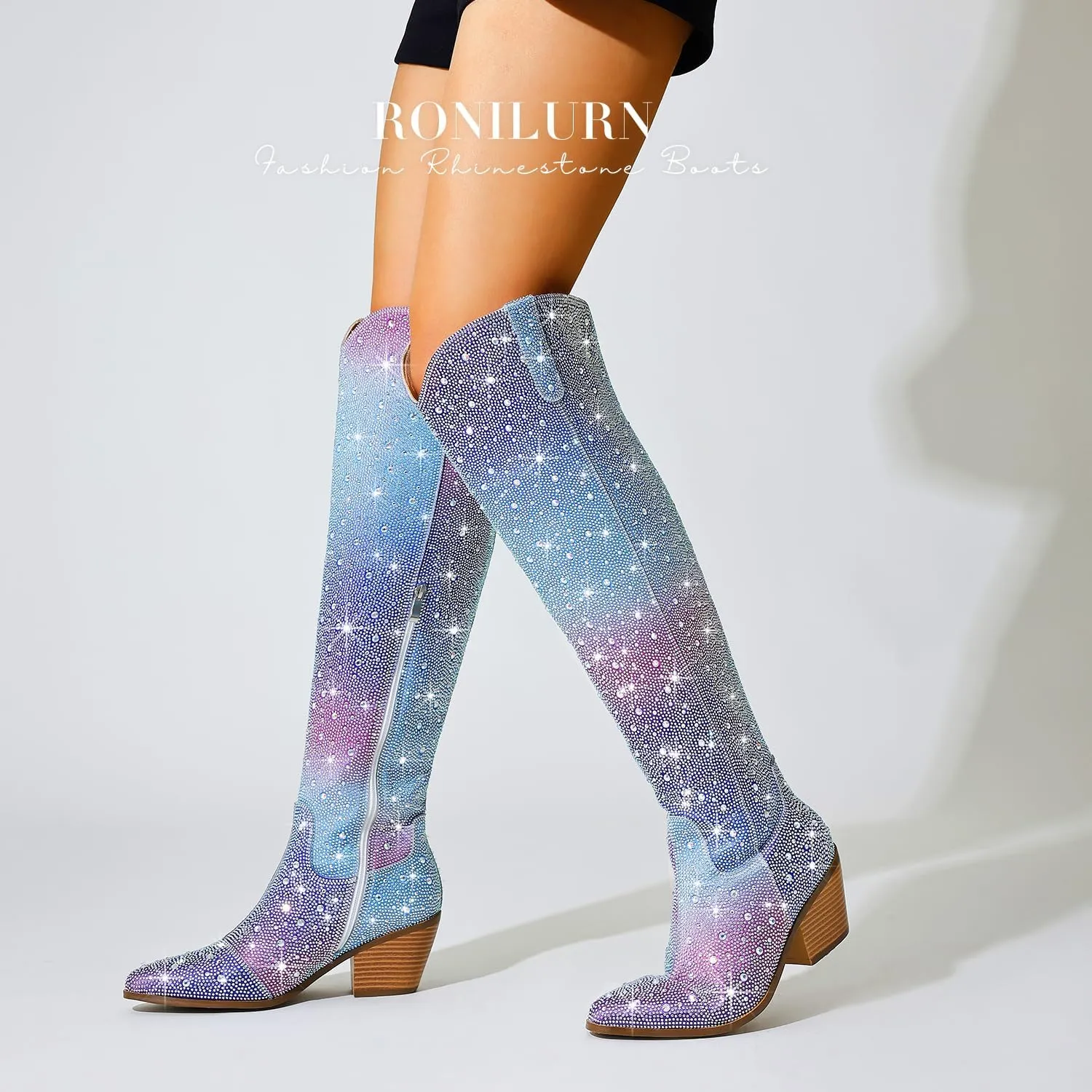 Women Rhinestone Over the Knee Cowboy Boots, Sparkly Bling Cowgirl Boots Western Thigh High Boots Pull-On Side Zippers Chunky Heel Pointed Toe Size5-12 For Fashion&Daily