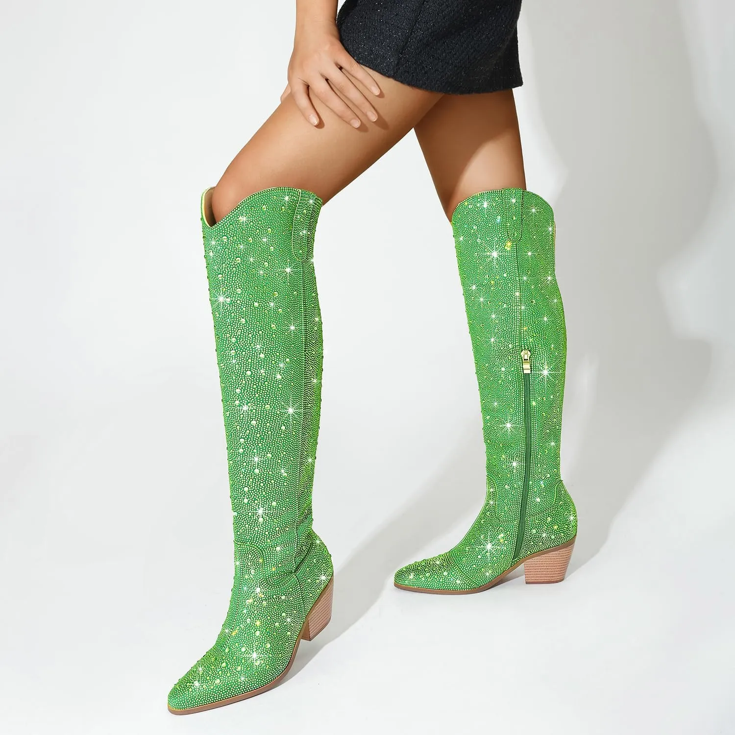 Women Rhinestone Over the Knee Cowboy Boots, Sparkly Bling Cowgirl Boots Western Thigh High Boots Pull-On Side Zippers Chunky Heel Pointed Toe Size5-12 For Fashion&Daily