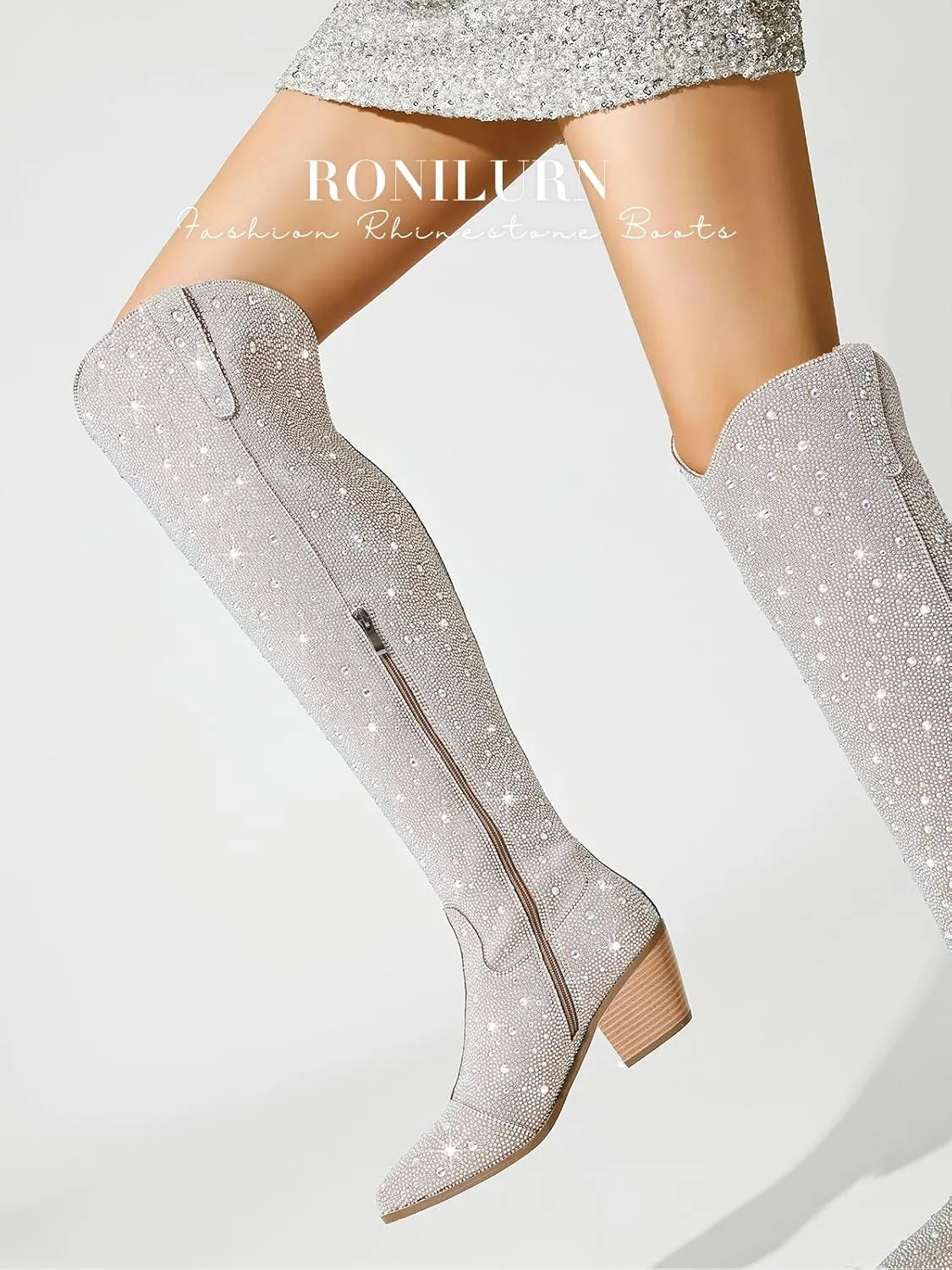 Women Rhinestone Over the Knee Cowboy Boots, Sparkly Bling Cowgirl Boots Western Thigh High Boots Pull-On Side Zippers Chunky Heel Pointed Toe Size5-12 For Fashion&Daily