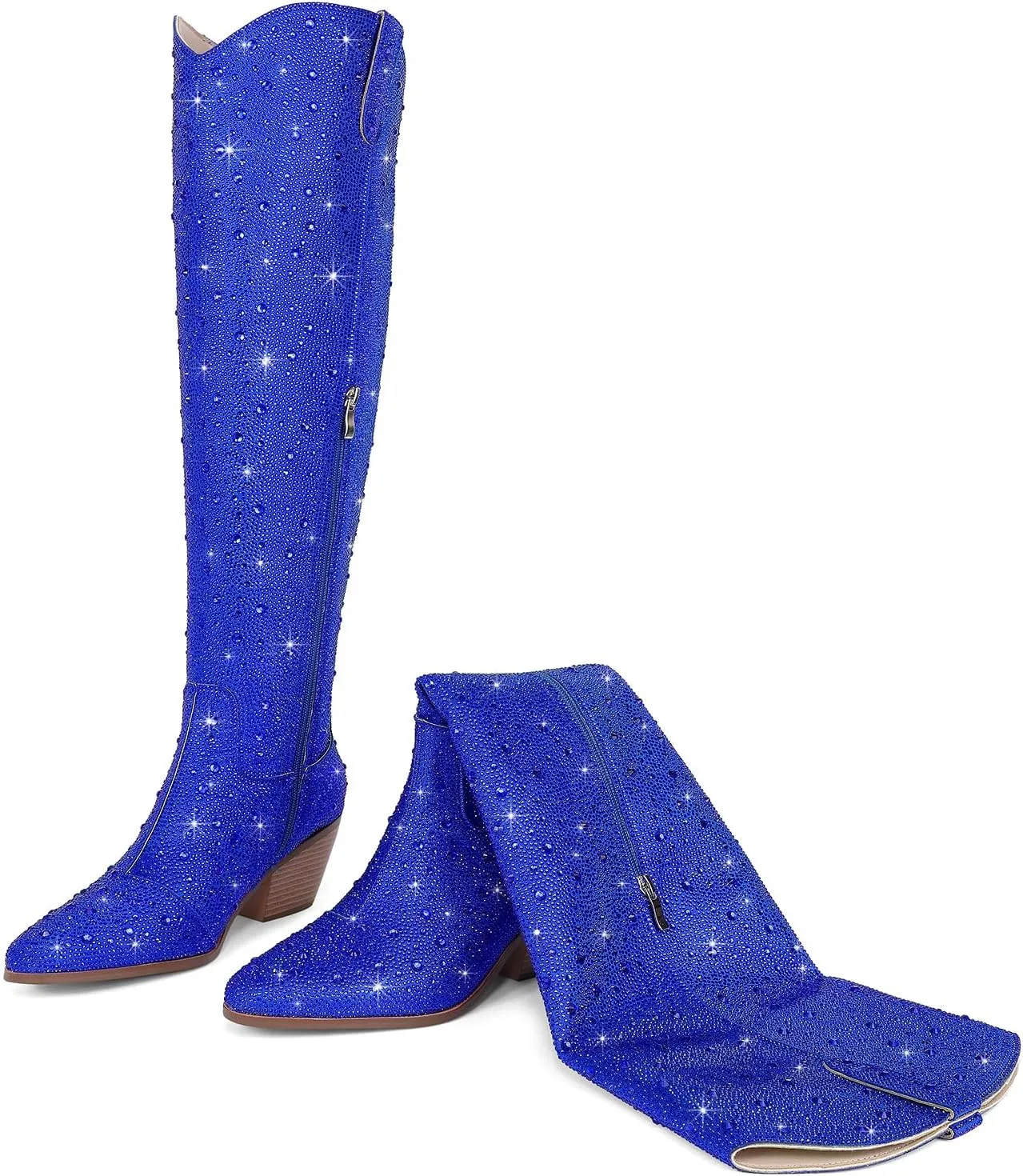Women Rhinestone Over the Knee Cowboy Boots, Sparkly Bling Cowgirl Boots Western Thigh High Boots Pull-On Side Zippers Chunky Heel Pointed Toe Size5-12 For Fashion&Daily