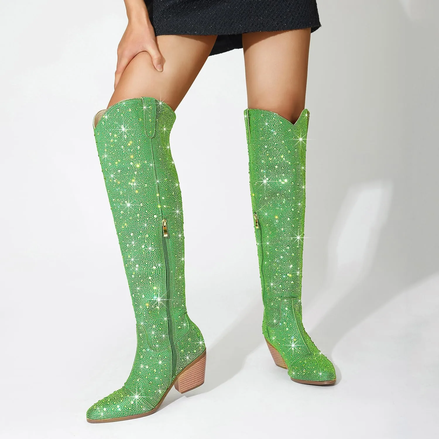 Women Rhinestone Over the Knee Cowboy Boots, Sparkly Bling Cowgirl Boots Western Thigh High Boots Pull-On Side Zippers Chunky Heel Pointed Toe Size5-12 For Fashion&Daily