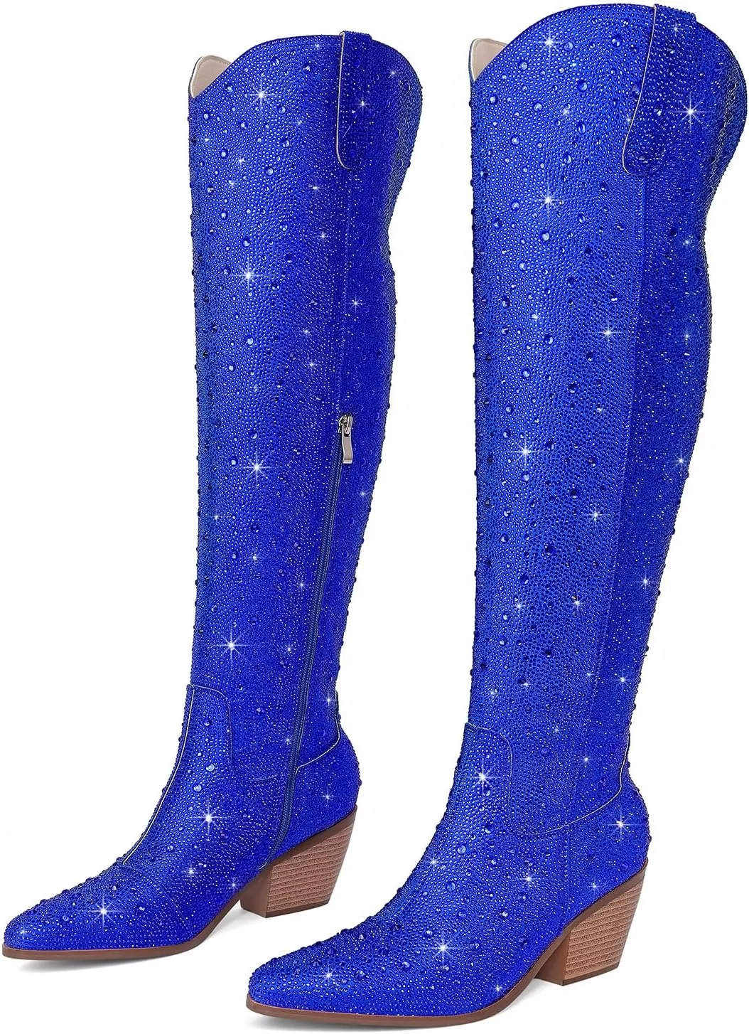 Women Rhinestone Over the Knee Cowboy Boots, Sparkly Bling Cowgirl Boots Western Thigh High Boots Pull-On Side Zippers Chunky Heel Pointed Toe Size5-12 For Fashion&Daily