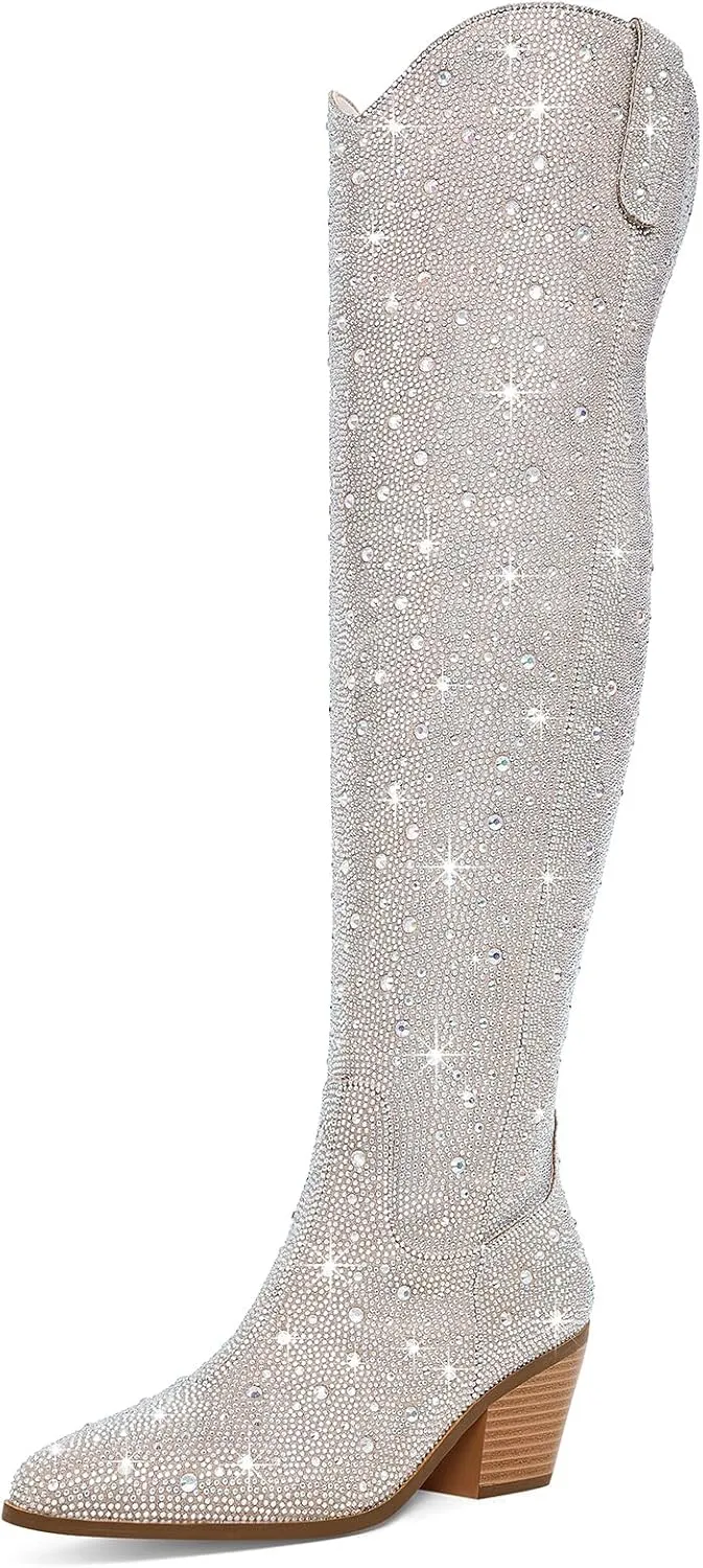 Women Rhinestone Over the Knee Cowboy Boots, Sparkly Bling Cowgirl Boots Western Thigh High Boots Pull-On Side Zippers Chunky Heel Pointed Toe Size5-12 For Fashion&Daily