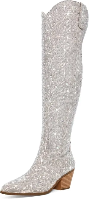 Women Rhinestone Over the Knee Cowboy Boots, Sparkly Bling Cowgirl Boots Western Thigh High Boots Pull-On Side Zippers Chunky Heel Pointed Toe Size5-12 For Fashion&Daily