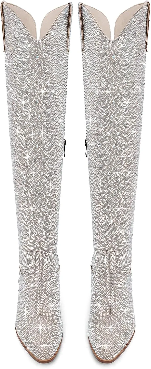 Women Rhinestone Over the Knee Cowboy Boots, Sparkly Bling Cowgirl Boots Western Thigh High Boots Pull-On Side Zippers Chunky Heel Pointed Toe Size5-12 For Fashion&Daily
