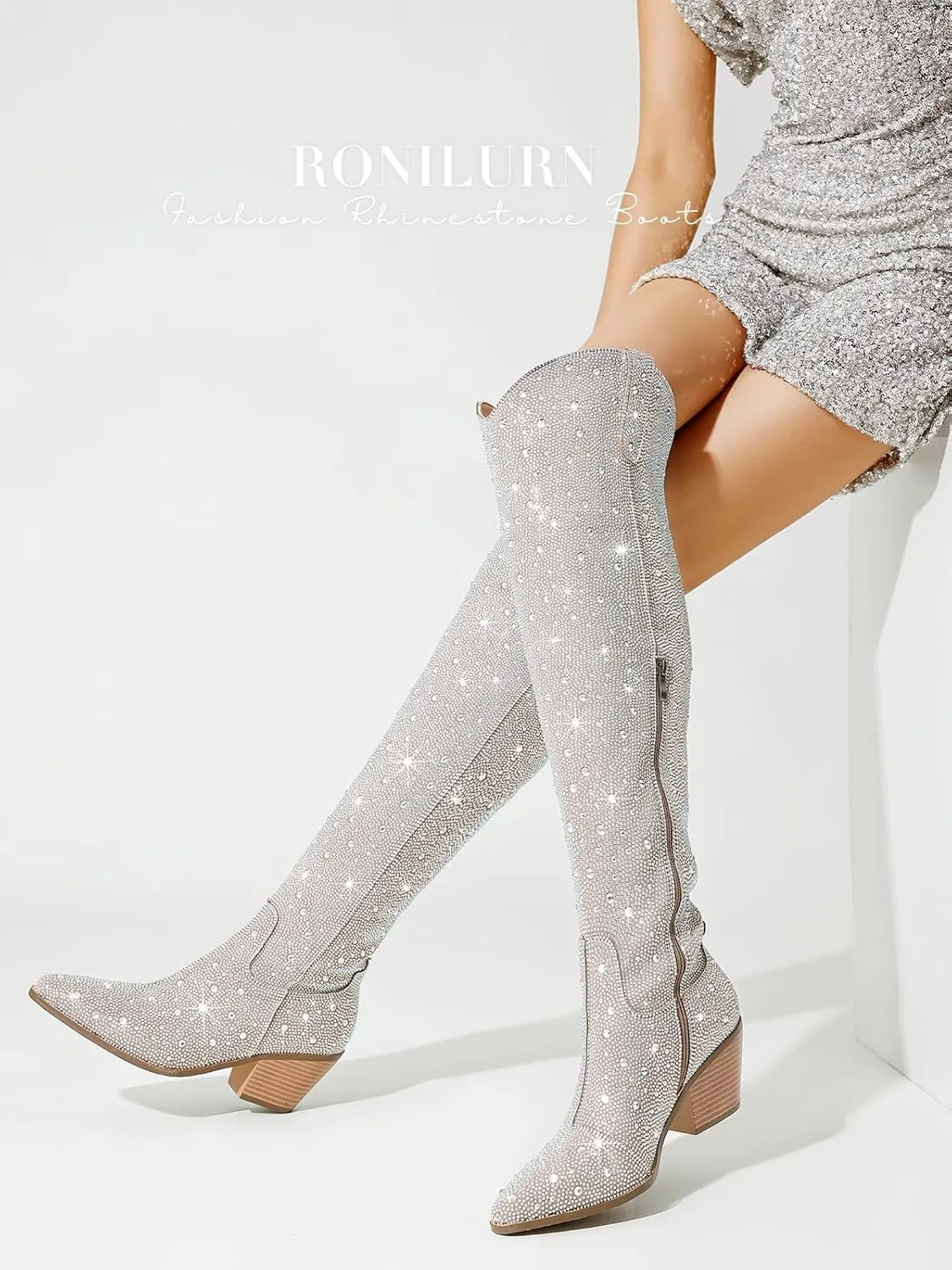 Women Rhinestone Over the Knee Cowboy Boots, Sparkly Bling Cowgirl Boots Western Thigh High Boots Pull-On Side Zippers Chunky Heel Pointed Toe Size5-12 For Fashion&Daily