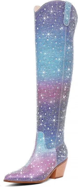 Women Rhinestone Over the Knee Cowboy Boots, Sparkly Bling Cowgirl Boots Western Thigh High Boots Pull-On Side Zippers Chunky Heel Pointed Toe Size5-12 For Fashion&Daily