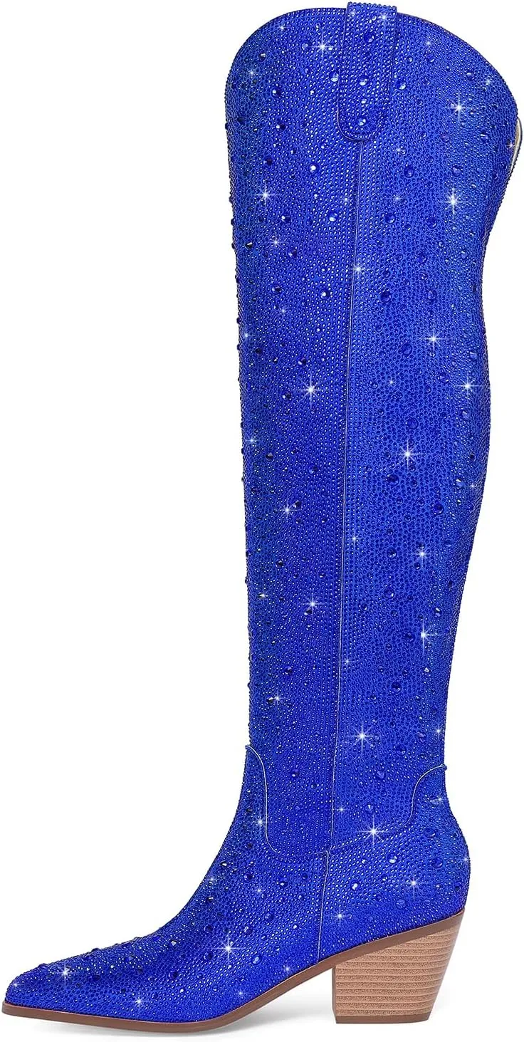 Women Rhinestone Over the Knee Cowboy Boots, Sparkly Bling Cowgirl Boots Western Thigh High Boots Pull-On Side Zippers Chunky Heel Pointed Toe Size5-12 For Fashion&Daily