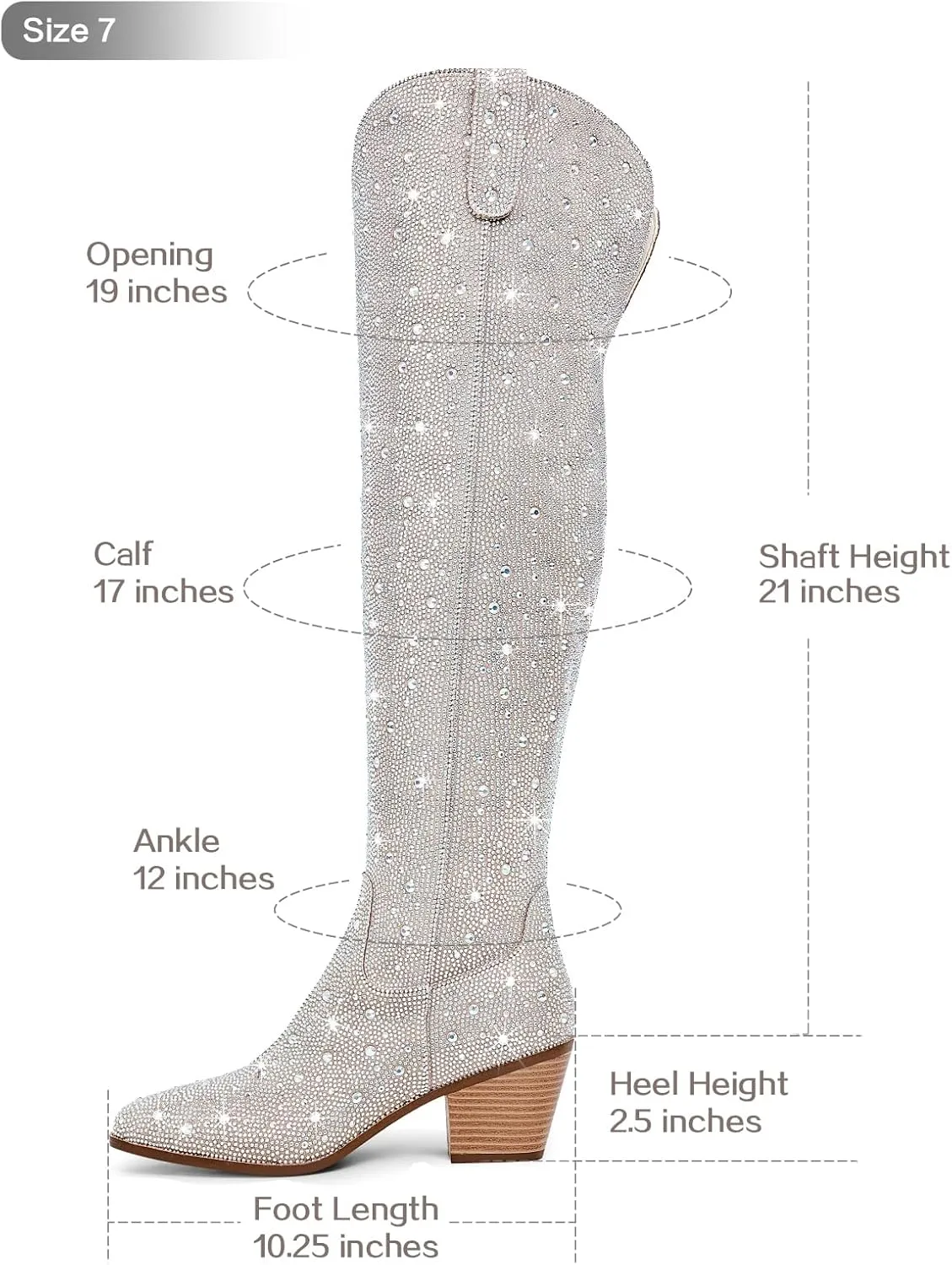 Women Rhinestone Over the Knee Cowboy Boots, Sparkly Bling Cowgirl Boots Western Thigh High Boots Pull-On Side Zippers Chunky Heel Pointed Toe Size5-12 For Fashion&Daily