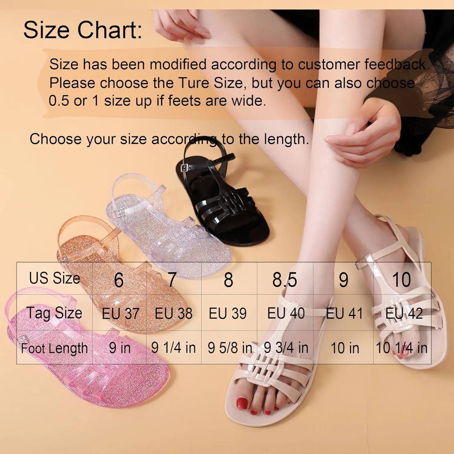 Women Sandals Jelly Shoes Flats Size 9 Beige T-Strap Crystal Jellies Slides Clear Rain Slippers Glitter Summer Beach Retro
