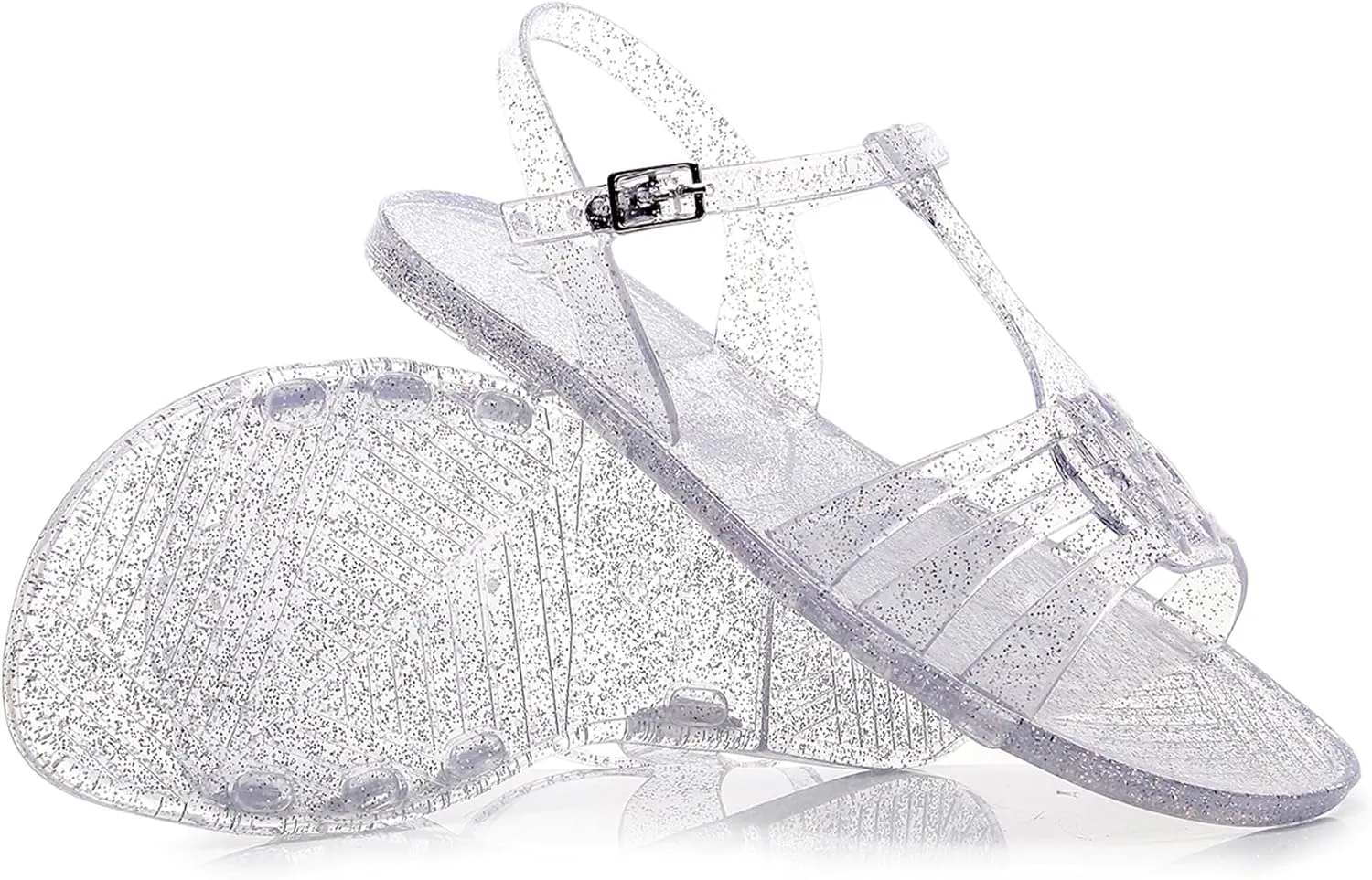 Women Sandals Jelly Shoes Flats Size 9 Beige T-Strap Crystal Jellies Slides Clear Rain Slippers Glitter Summer Beach Retro