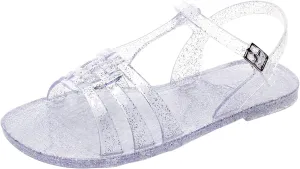 Women Sandals Jelly Shoes Flats Size 9 Beige T-Strap Crystal Jellies Slides Clear Rain Slippers Glitter Summer Beach Retro