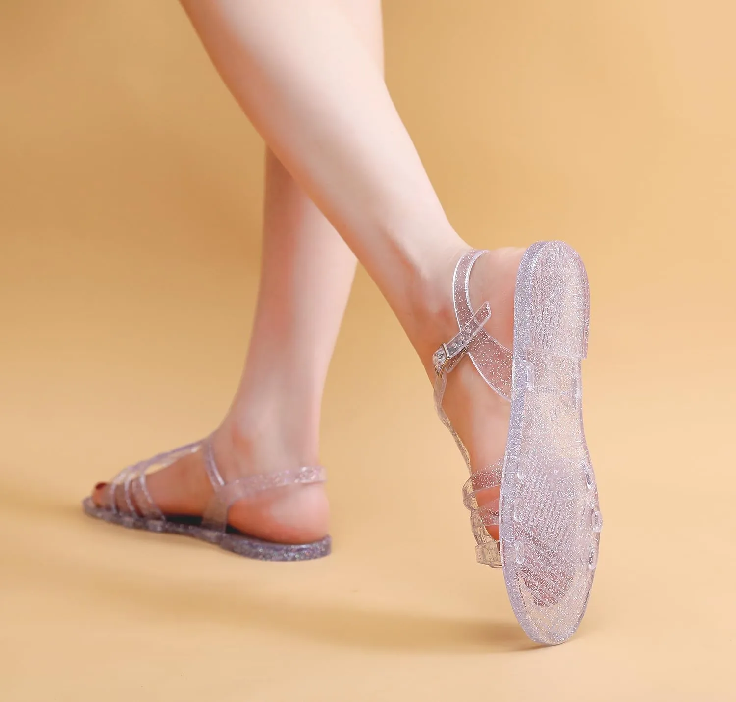 Women Sandals Jelly Shoes Flats Size 9 Beige T-Strap Crystal Jellies Slides Clear Rain Slippers Glitter Summer Beach Retro
