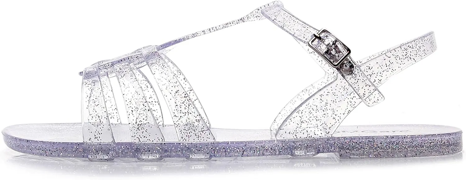 Women Sandals Jelly Shoes Flats Size 9 Beige T-Strap Crystal Jellies Slides Clear Rain Slippers Glitter Summer Beach Retro