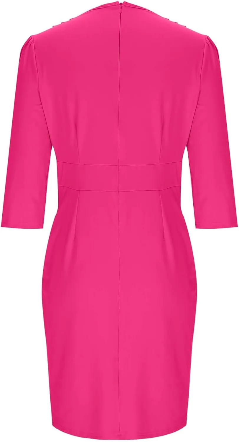Women Spring Summer Dress Solid Color Invisible Back Zipper Side Slit Pleated V-Neck Slim Elegant Work Dresses