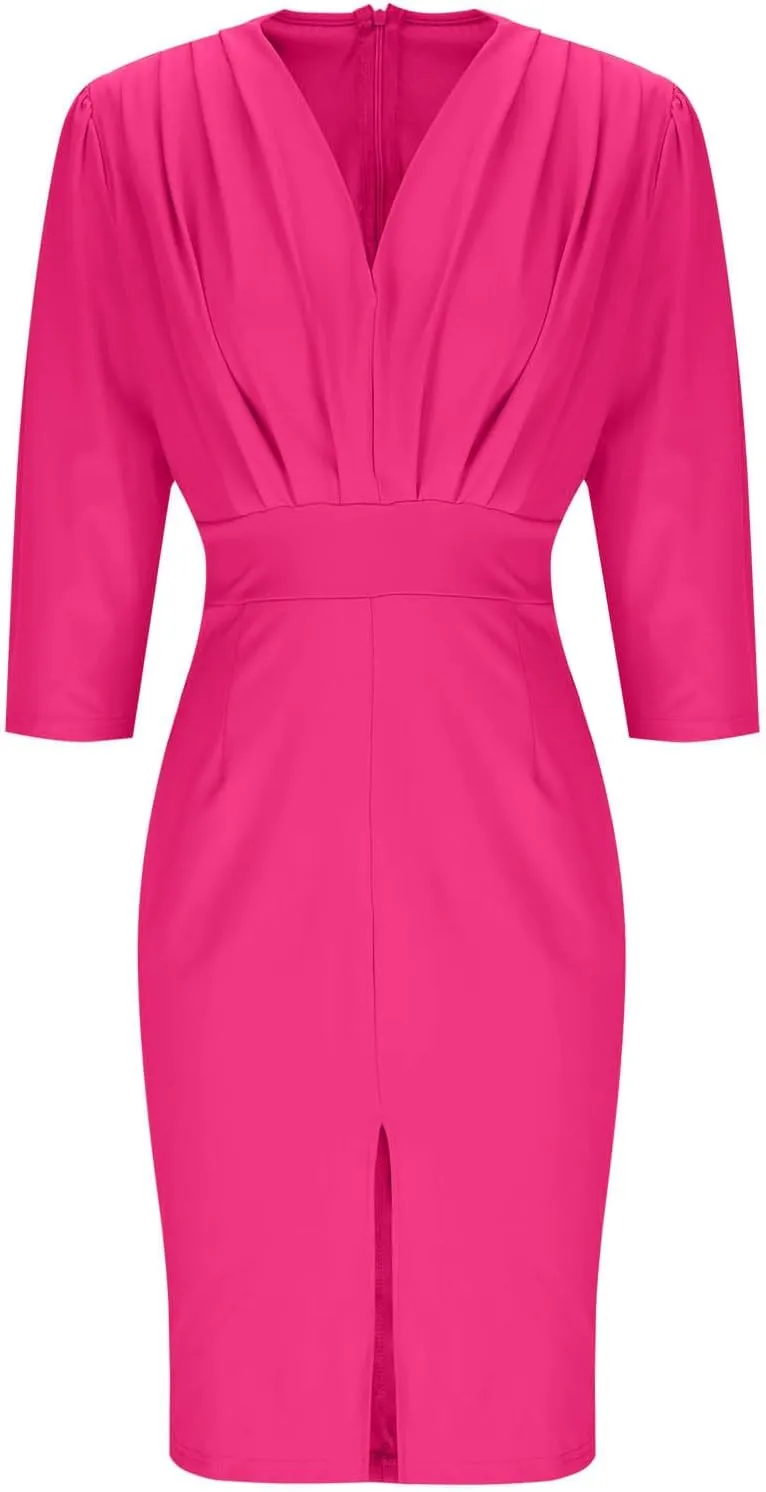 Women Spring Summer Dress Solid Color Invisible Back Zipper Side Slit Pleated V-Neck Slim Elegant Work Dresses