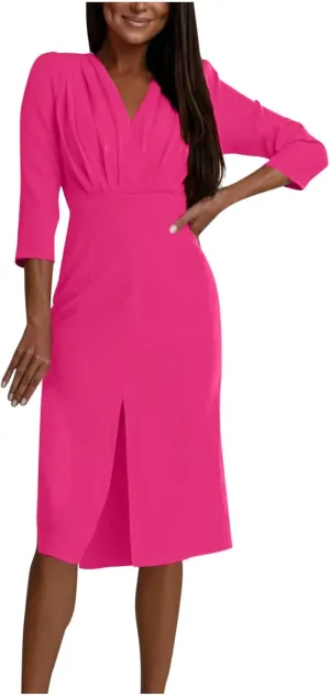 Women Spring Summer Dress Solid Color Invisible Back Zipper Side Slit Pleated V-Neck Slim Elegant Work Dresses