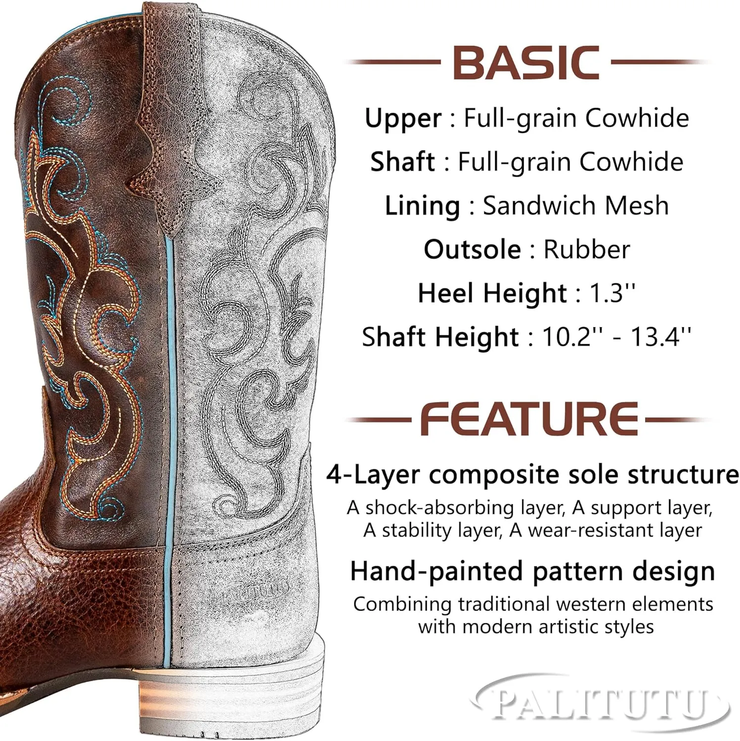 Women Western Boots Hand Painted, Square Toe, Full Grain Cowhide, 4-Layer Composite Sole(PLT203601)
