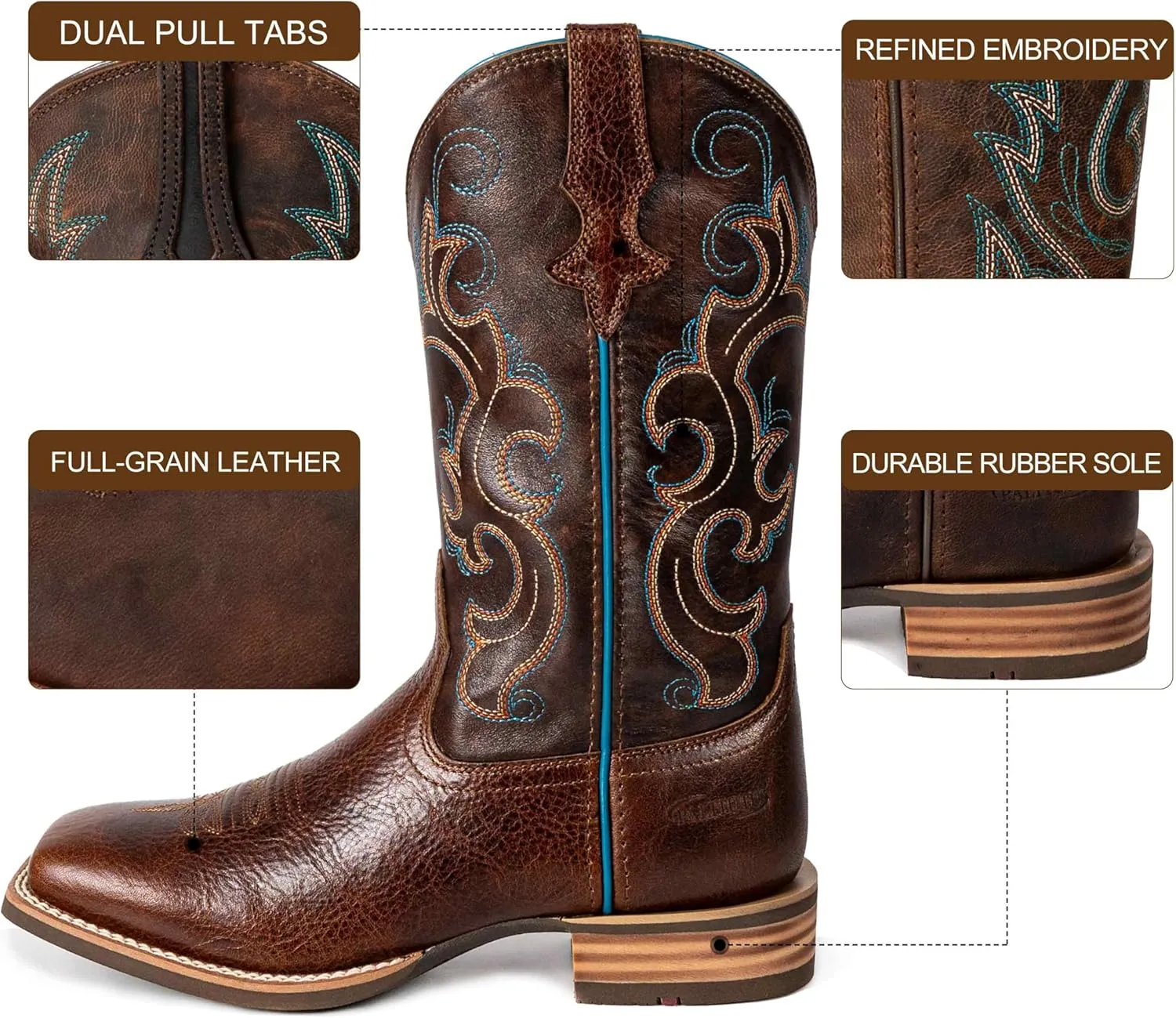 Women Western Boots Hand Painted, Square Toe, Full Grain Cowhide, 4-Layer Composite Sole(PLT203601)