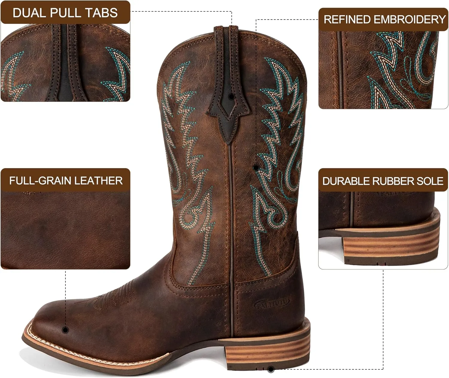 Women Western Boots Hand Painted, Square Toe, Full Grain Cowhide, 4-Layer Composite Sole(PLT203603)
