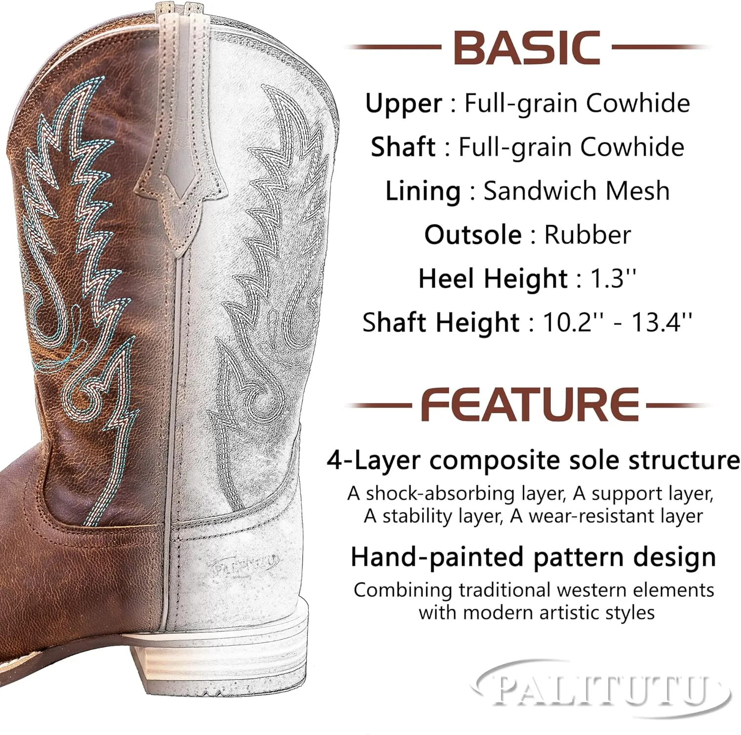 Women Western Boots Hand Painted, Square Toe, Full Grain Cowhide, 4-Layer Composite Sole(PLT203603)