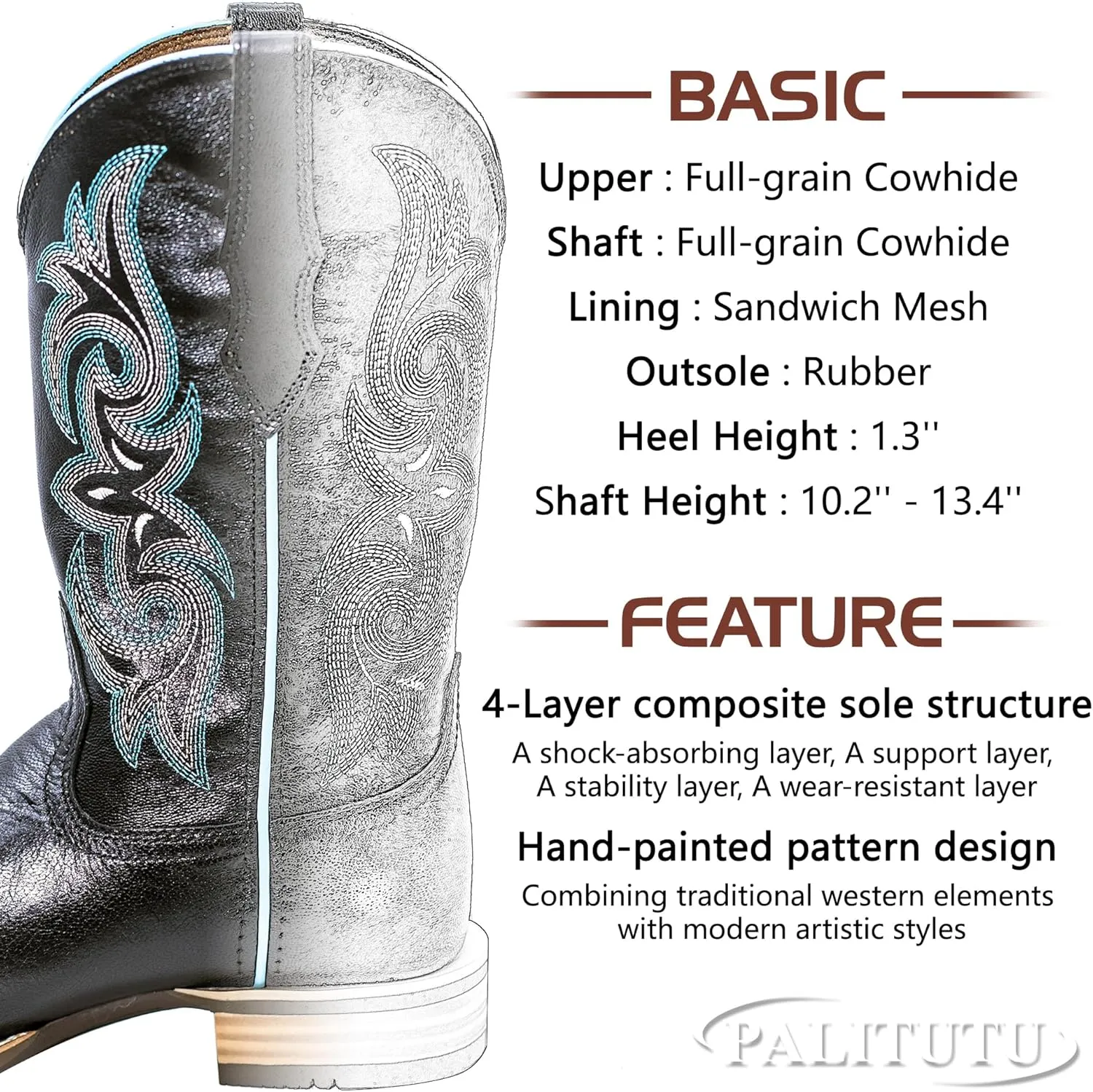 Women Western Boots Hand Painted, Square Toe, Full Grain Cowhide, 4-Layer Composite Sole(PLT203604)