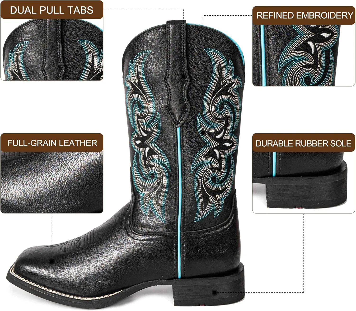 Women Western Boots Hand Painted, Square Toe, Full Grain Cowhide, 4-Layer Composite Sole(PLT203604)