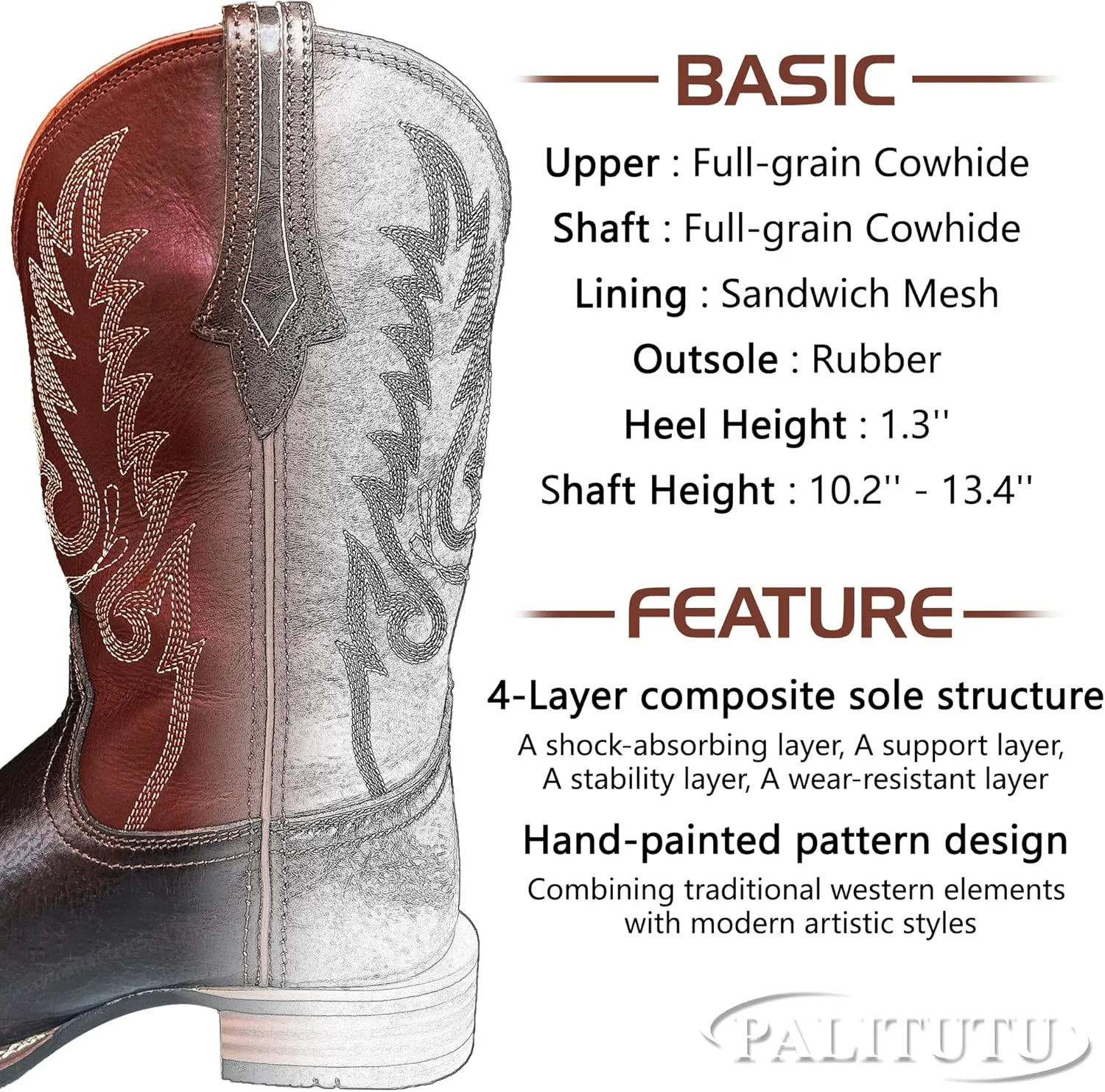 Women Western Boots Hand Painted, Square Toe, Full Grain Cowhide, 4-Layer Composite Sole(PLT203607)