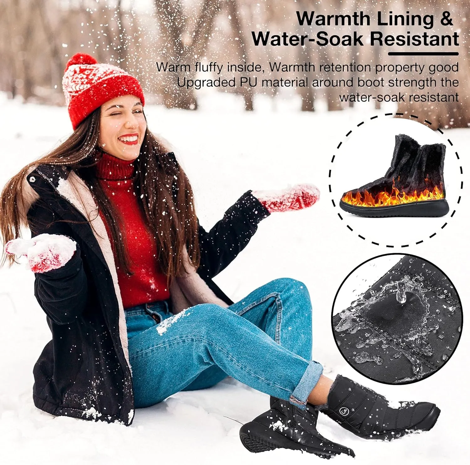 Women Winter Snow Boots Waterproof: Warm Mid Calf Boots for Women with Fur Lined - Comfortable Outdoor Slip On Booties Anti-Slip